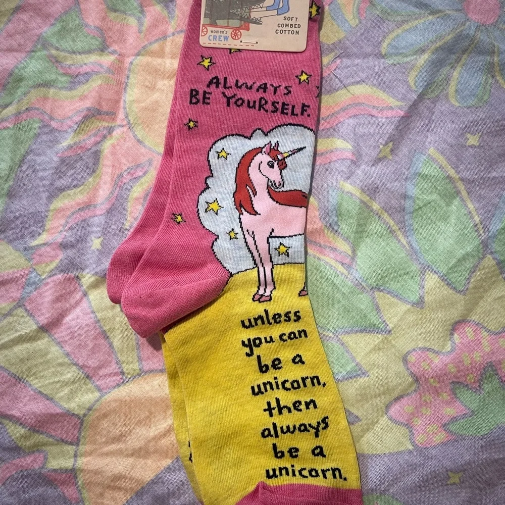 Blue Q Pink & Yellow Unicorn Crew Socks